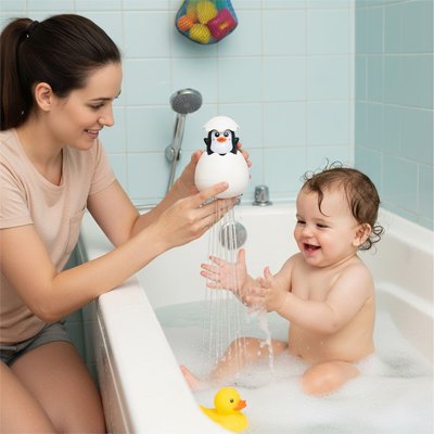 maman et bebe joue avec Jouet bebe bain pingouin