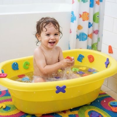 petite fille joue avec ses lettres Jouet bain multicolor dans sa belle petite baignoire