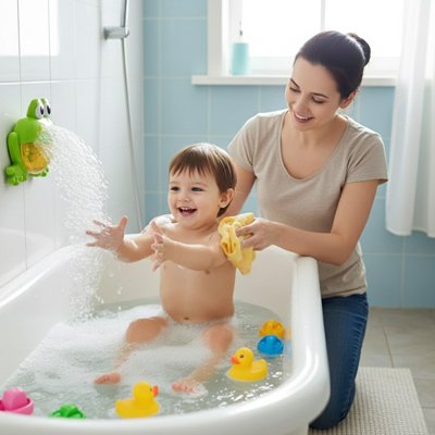 bébé attrape bulles de la grenouille assis dans la baignoire