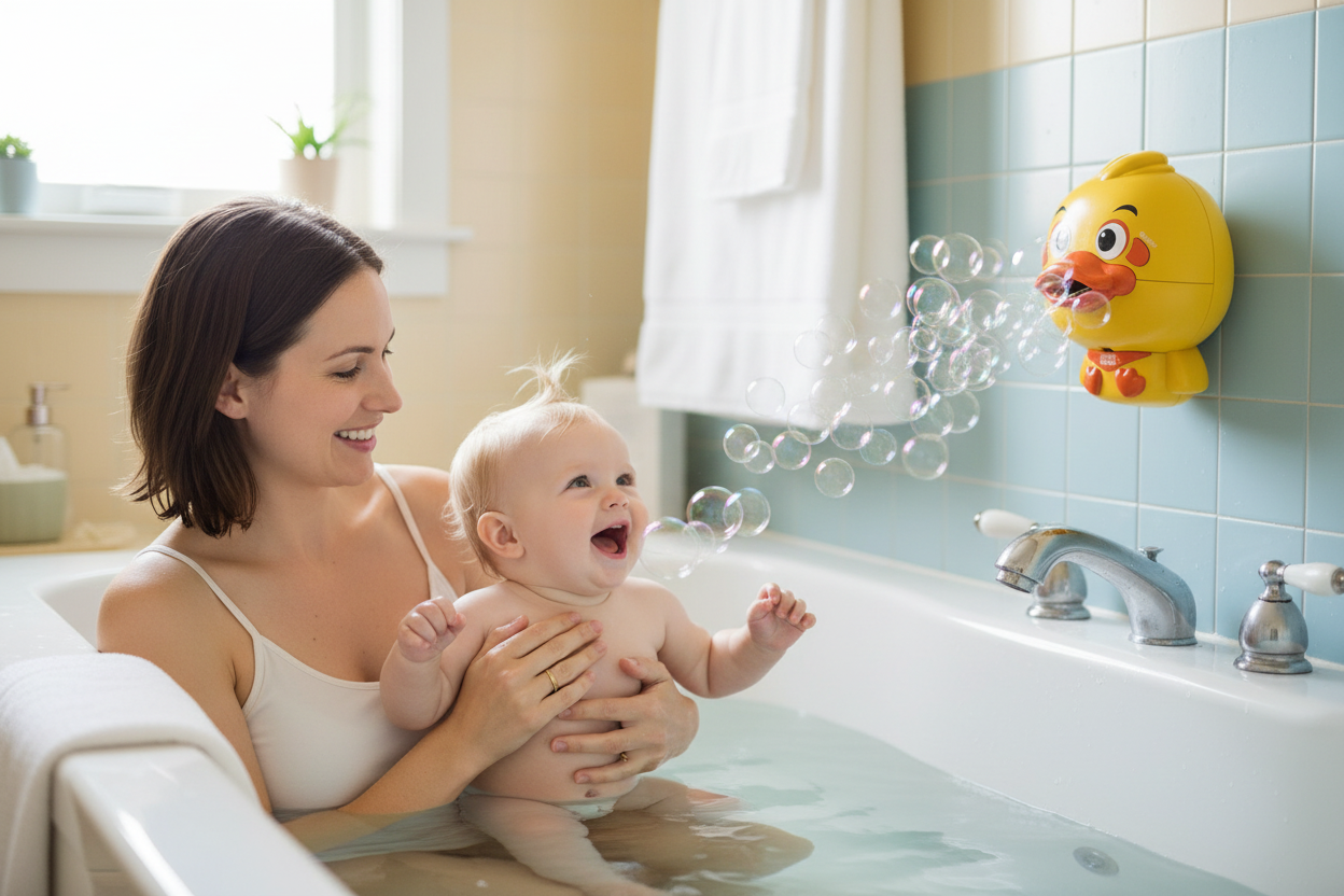 bébé avec maman dans le bain joue avec jouet de bain pour bebe au mur