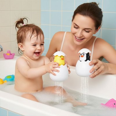 bebe fille et maman joue avec Jouet bebe bain canard pingouin