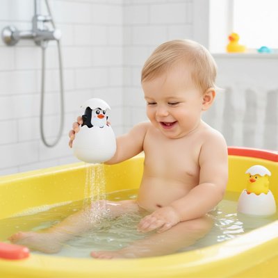 bebe joue avec Jouet bebe bain pingouin