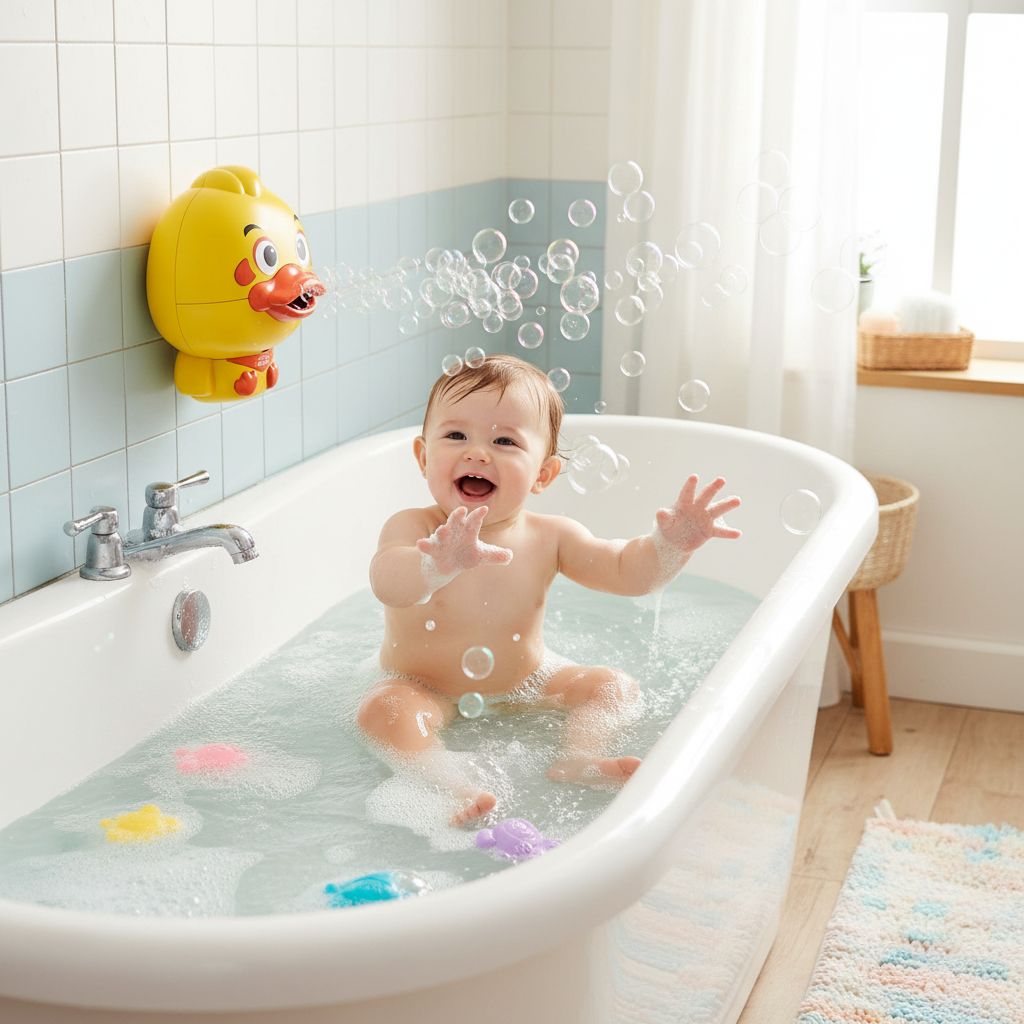 bébé joue avec jouet de bain pour bebe au mur