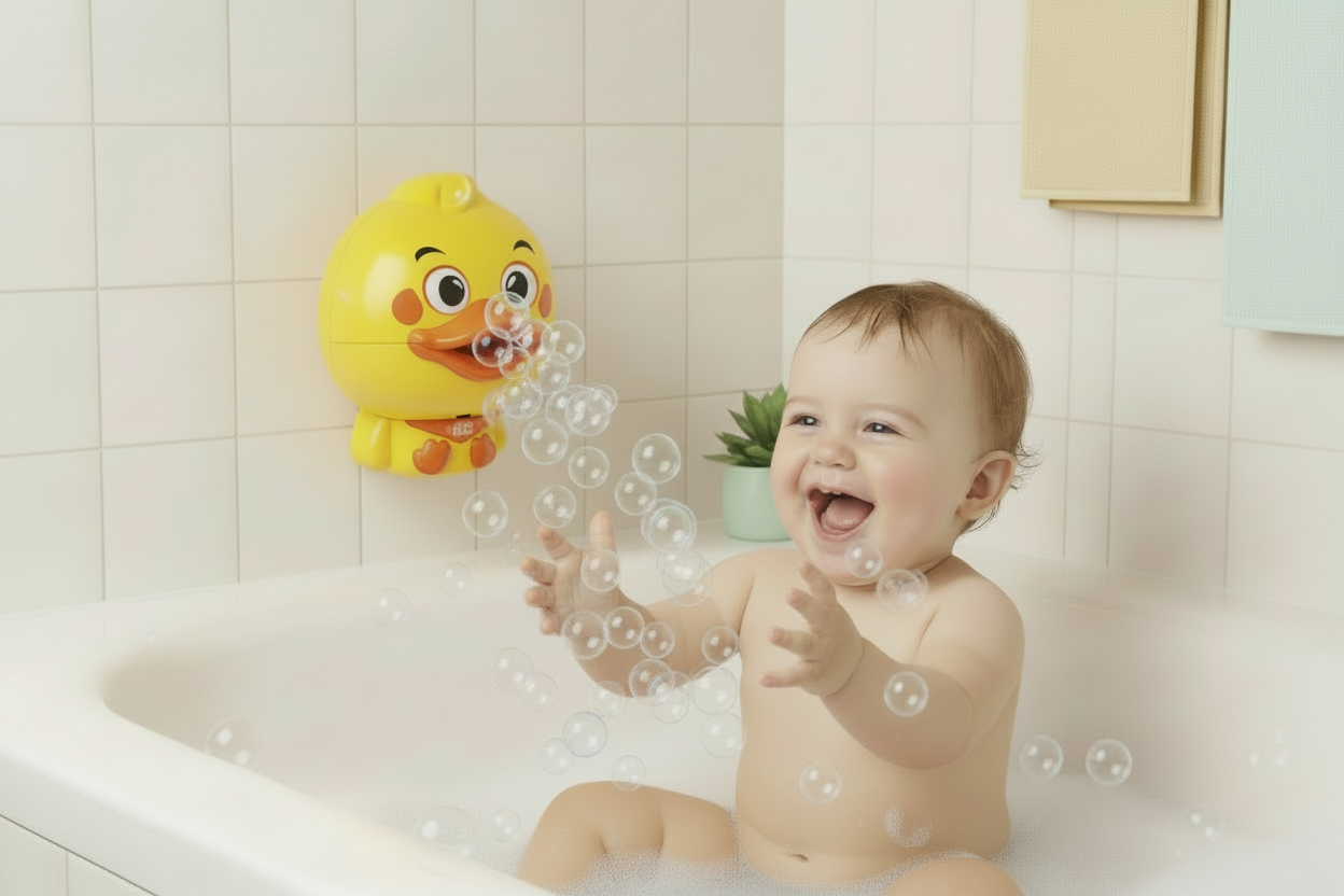 bébé joue dans le bain avec jouet de bain pour bebe au mur