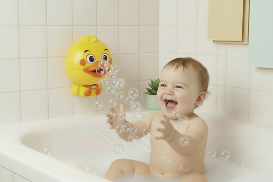 bébé joue dans le bain avec jouet de bain pour bebe au mur