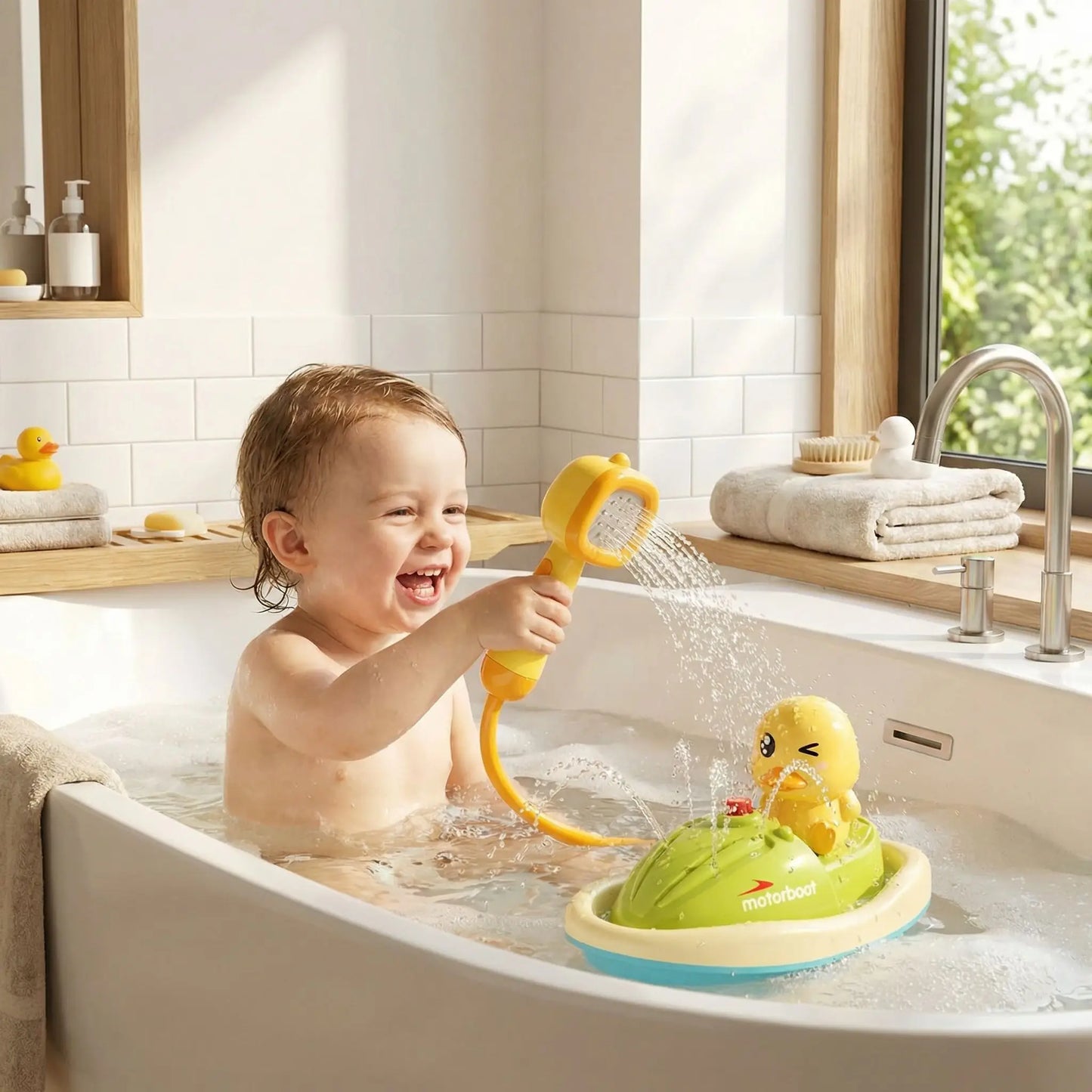 enfant joue avec jouet baignoire pour bebe pomme douche