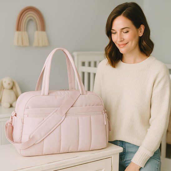 femme a coté du Sac a langer