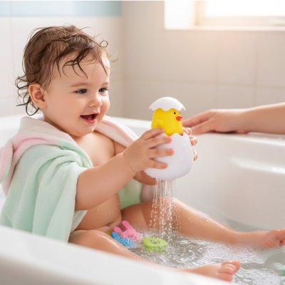 fillette joue avec Jouet bebe bain 