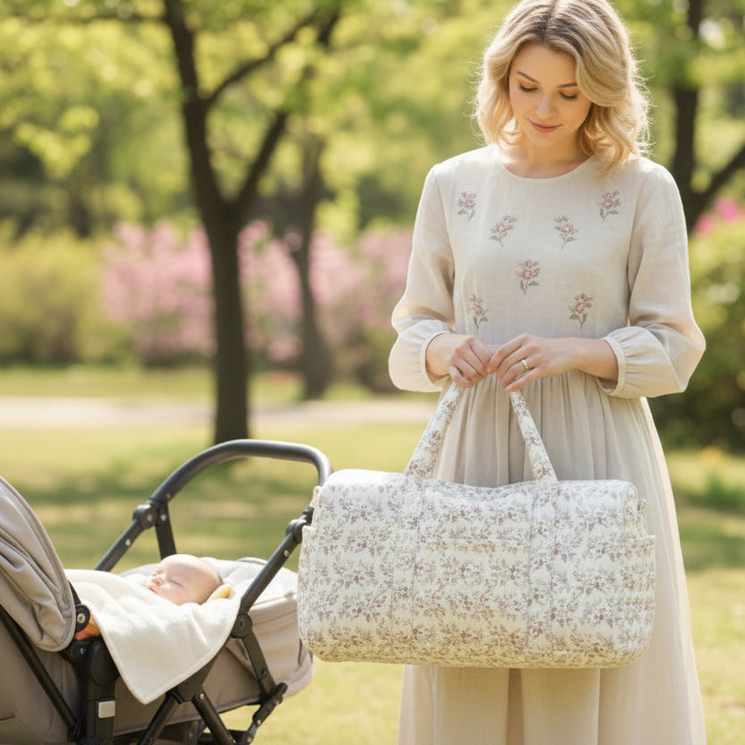 maman a coté de bebe dans poussette avec sac a langer bebe 