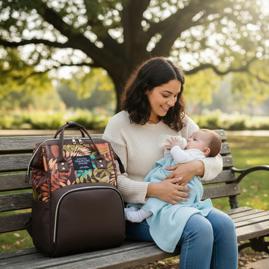 maman fait boire bebe assis banc au coté sac a dos a langer