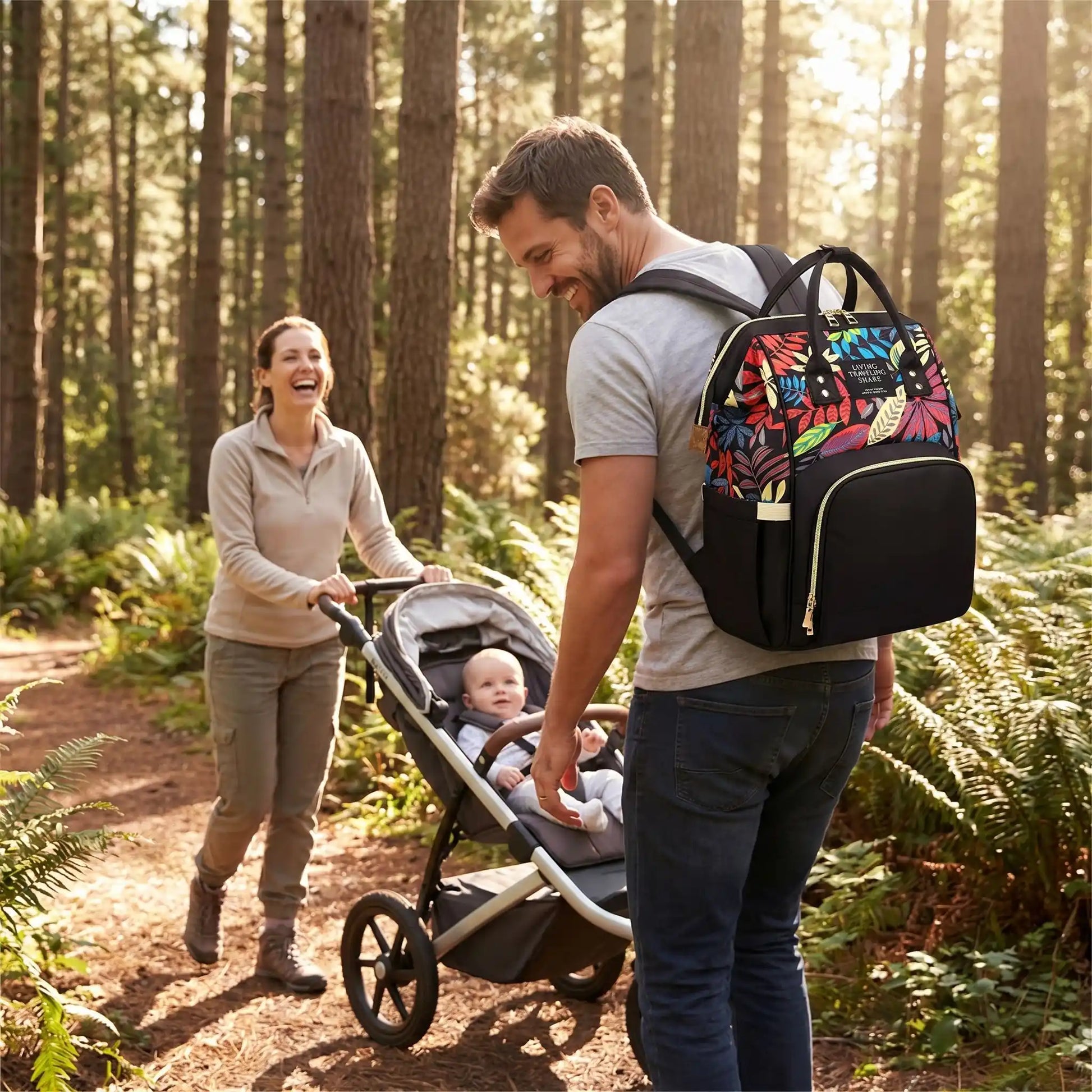 maman papa sac a dos a langer promene bebe foret