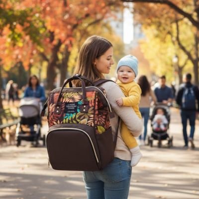 maman portant bebe et sac a dos a langer