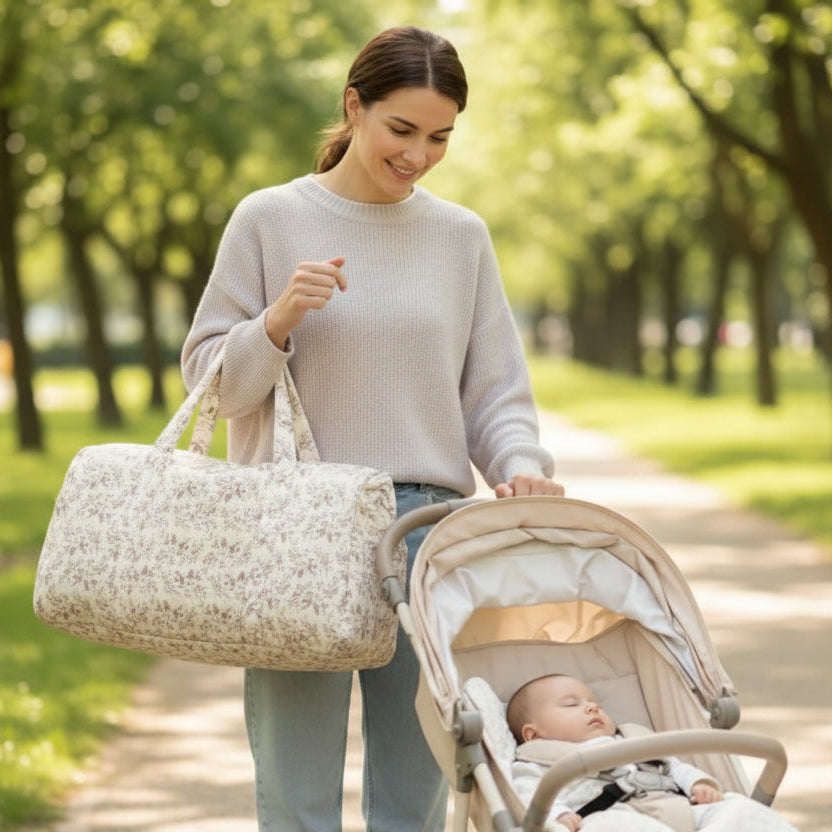 maman promène bebe poussette avec sac a langer bebe 