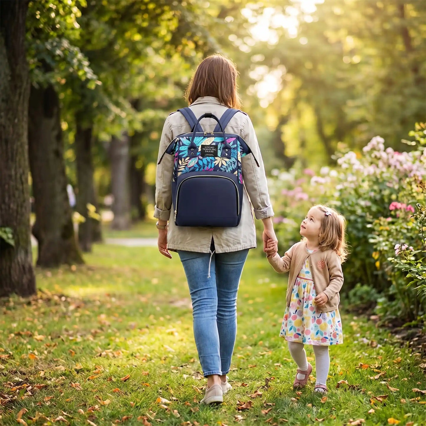 maman promene petite fille avec sac a dos a langer