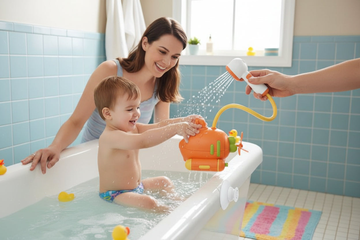 petit garcon dans le bain joue avec jouet de bain bébé avec maman et papa
