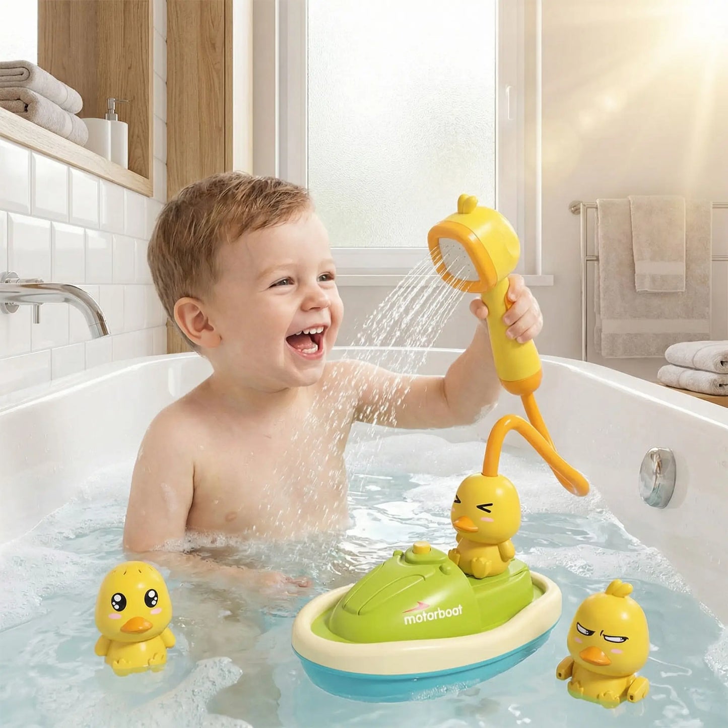 petit garcon joue avec jouet baignoire pour bebe pomme douche