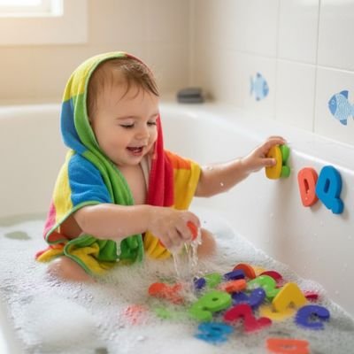  petit garcon joue avec les lettres Jouet bain