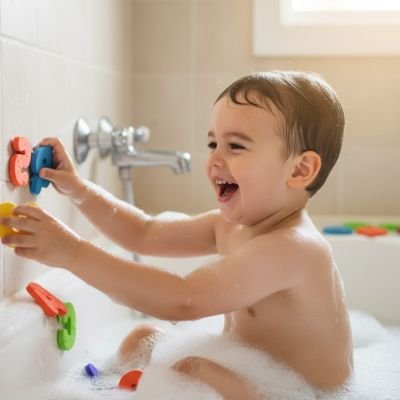  petit garcon joue avec ses lettres Jouet bain au mur