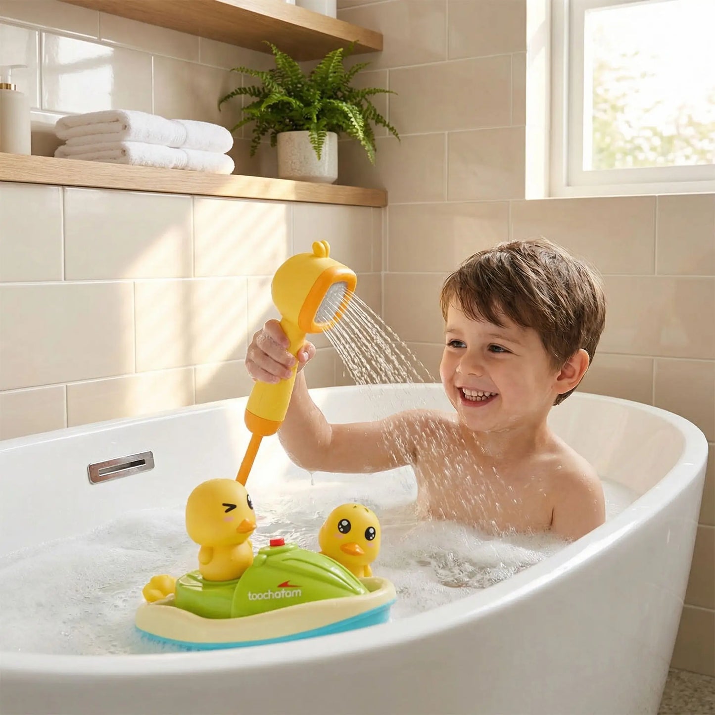 petit gars joue avec jouet baignoire pour bebe pomme douche