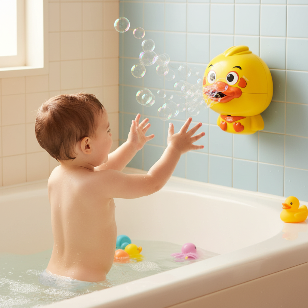 petit gars joue dans le bain avec jouet de bain pour bebe au mur