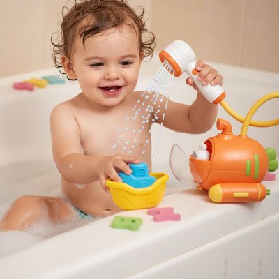 petite fille dans le bain joue avec jouet de bain bébé   