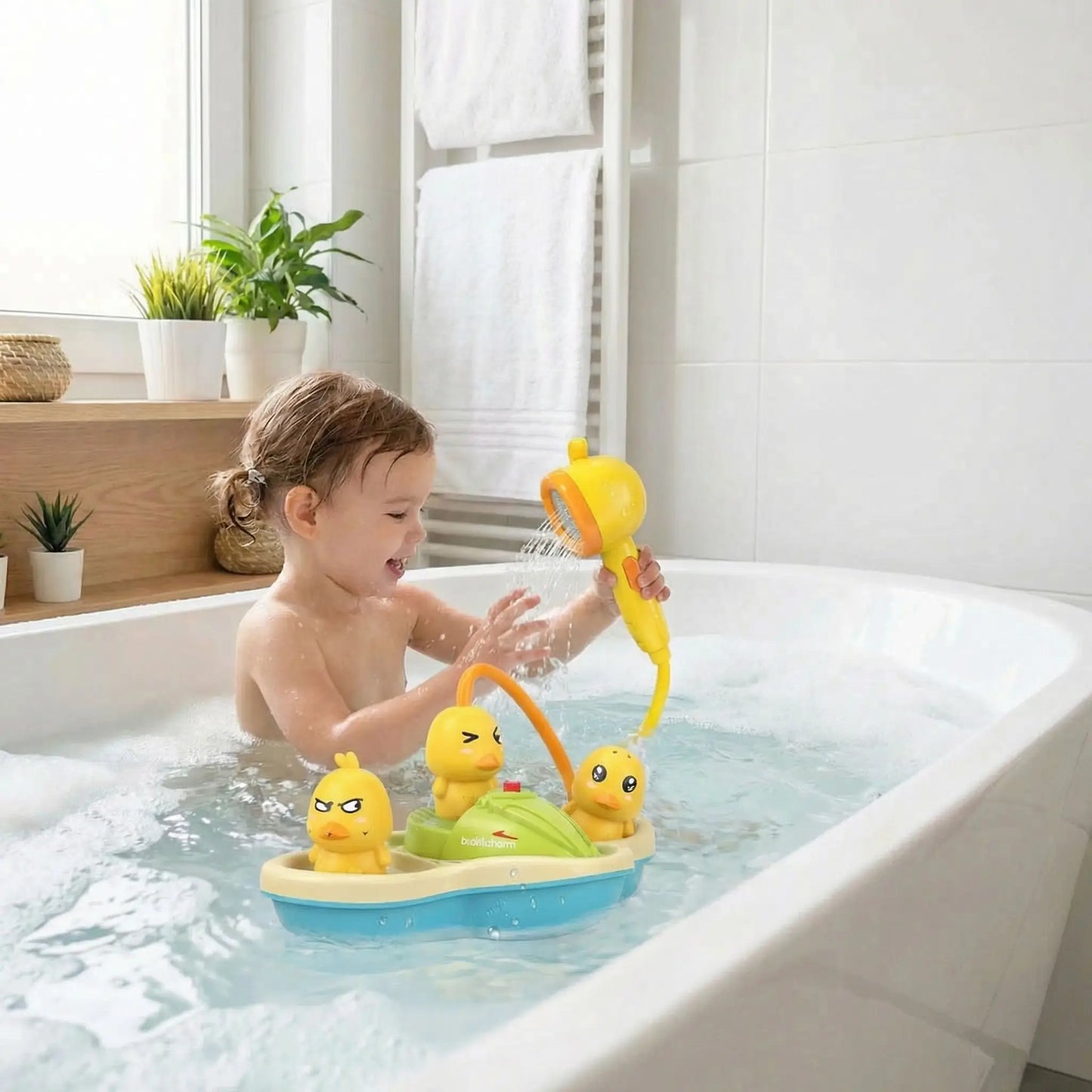 petite fille joue avec jouet baignoire pour bebe pomme douche